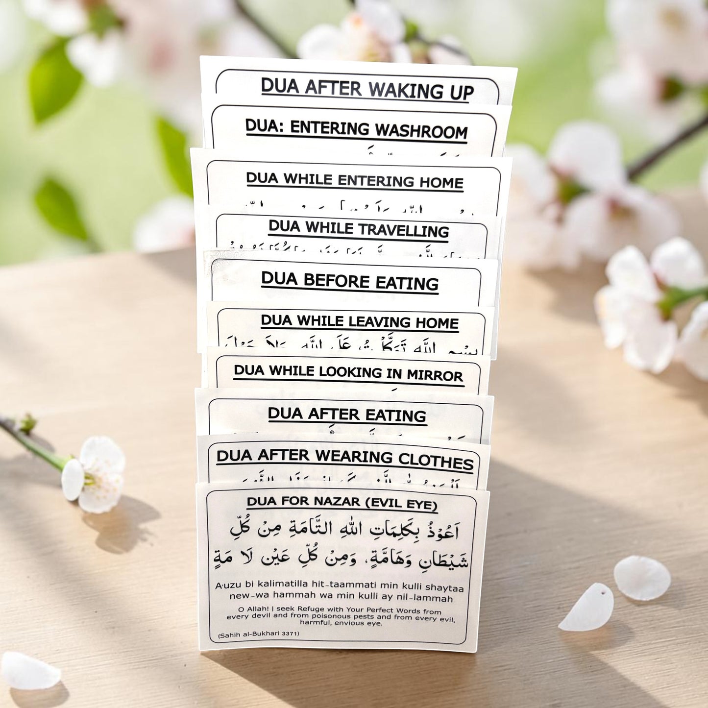 English Dua Stickers set of 11 featuring daily Islamic duas with Arabic text, English transliteration and translation.