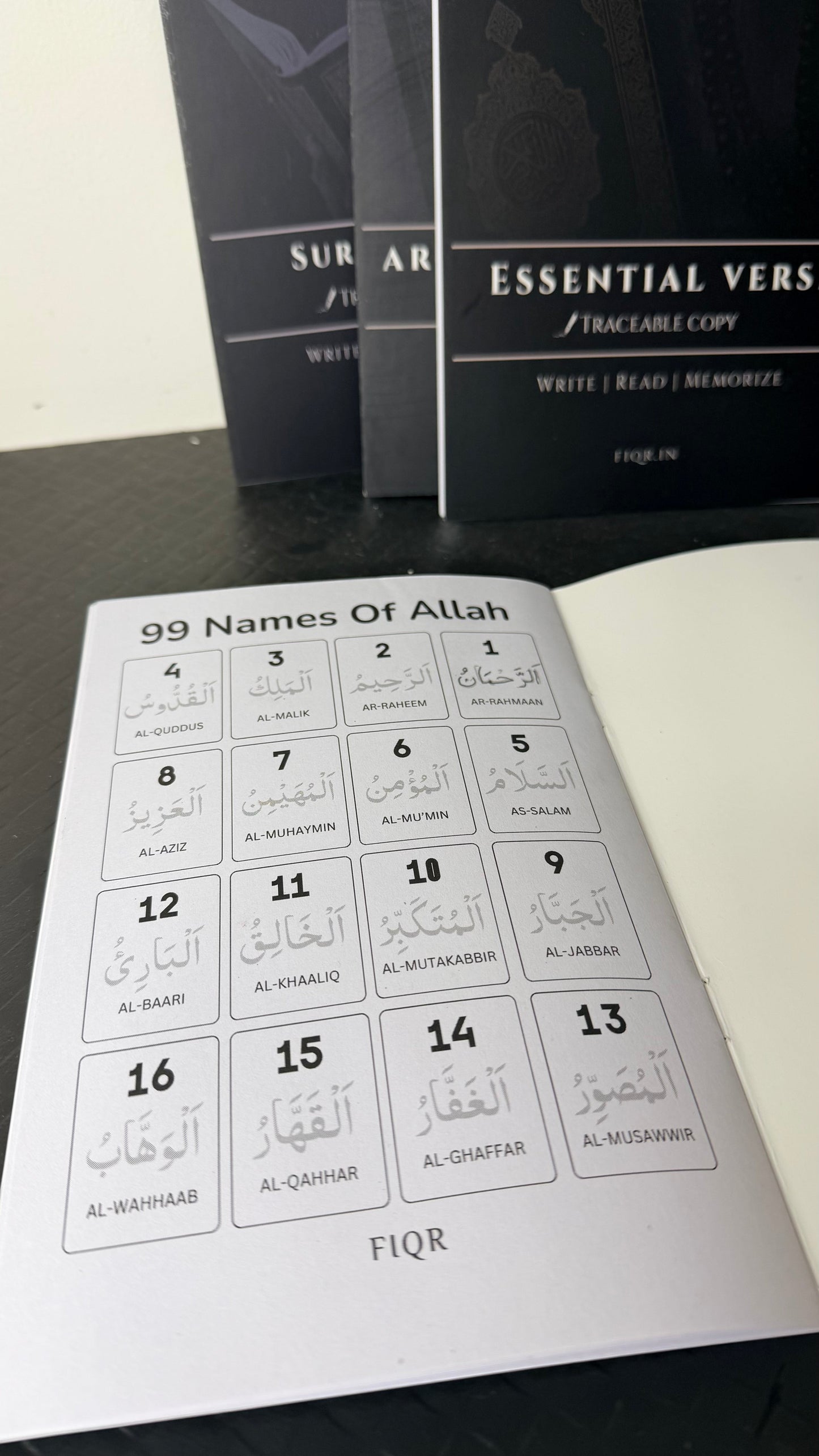 Islamic Arabic traceable books for kids including 99 Names of Allah, Surah Yaseen, Arabic Alphabet and Essential Verses with pencil and eraser.