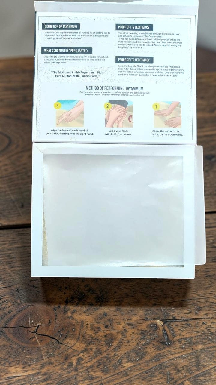 Complete Islamic Tayammum Kit with reusable dry ablution surface and illustrated instruction guide for Muslims.