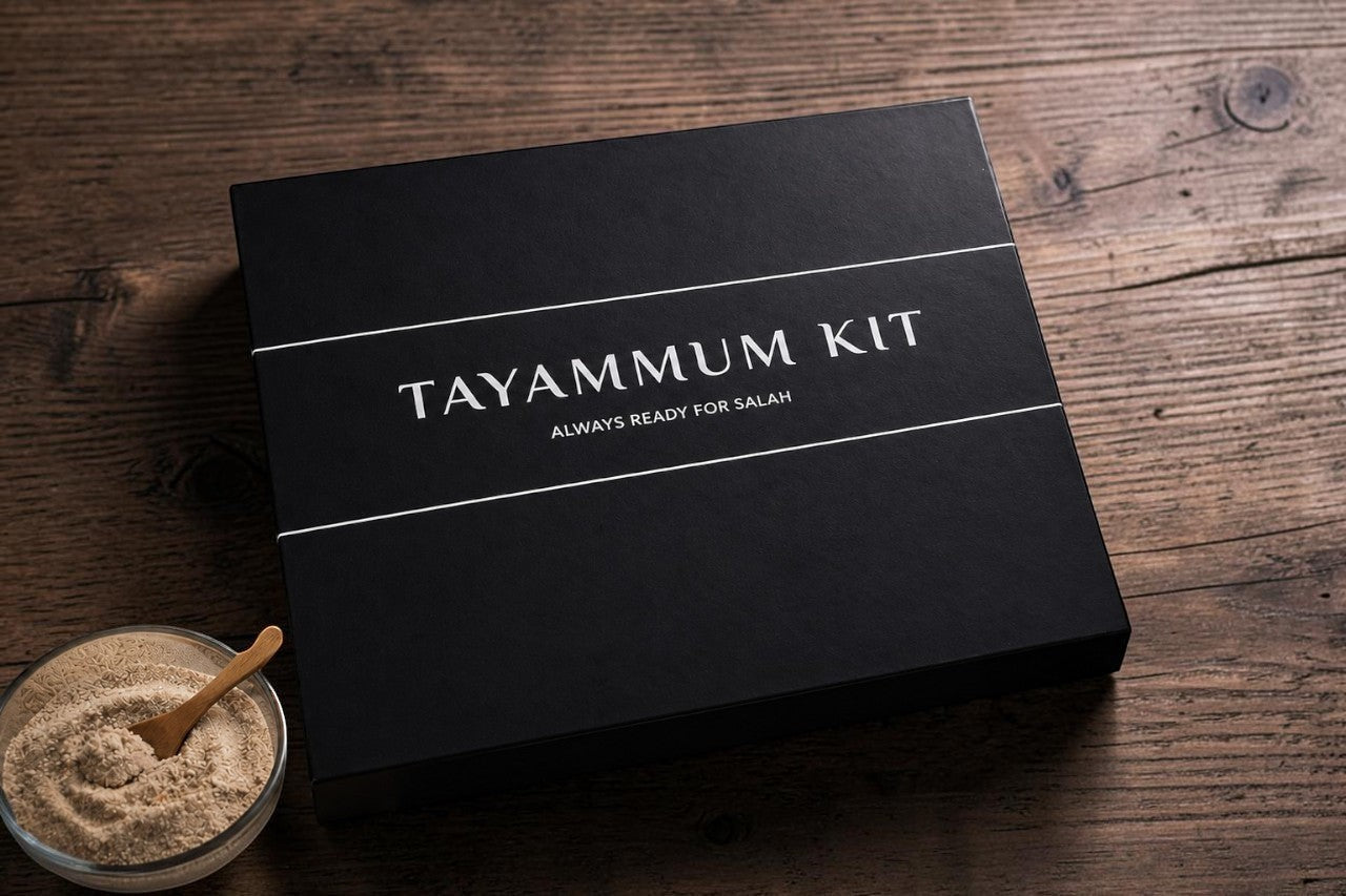 Portable Tayammum Kit for Salah with premium dry ablution surface in a compact black storage box.