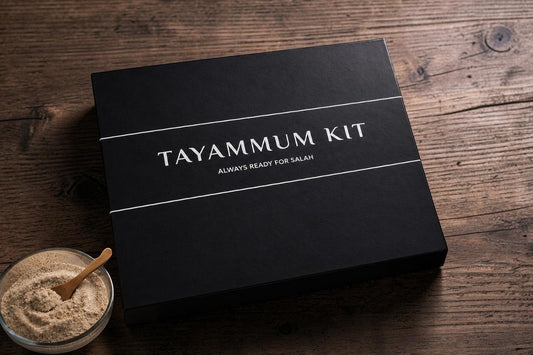 Portable Tayammum Kit for Salah with premium dry ablution surface in a compact black storage box.